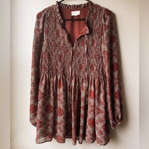 MELLODAY Rust and White Patterned Blouse
